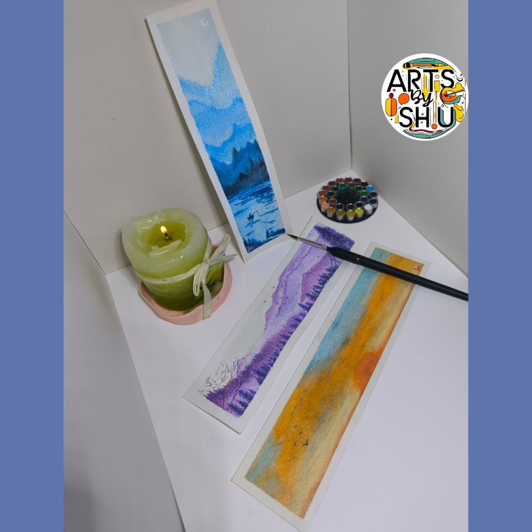 Arts By Shu - Laguna Azul, Montañas Púrpuras y Atardecer - Técnica Mixta