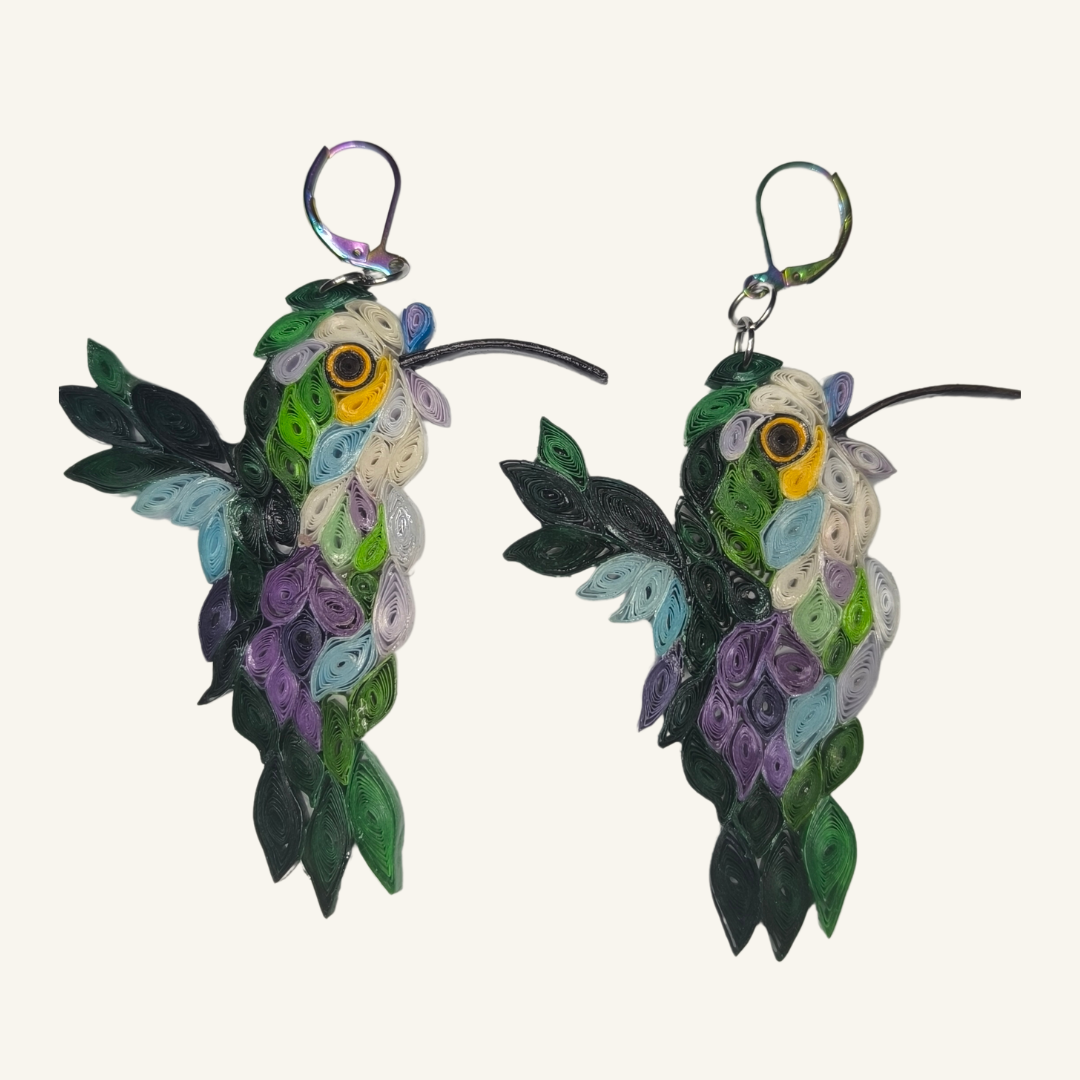 Colección Renacer - Aretes Selva de Colibrí - Iris Viva -  Filigrana 7x5cm