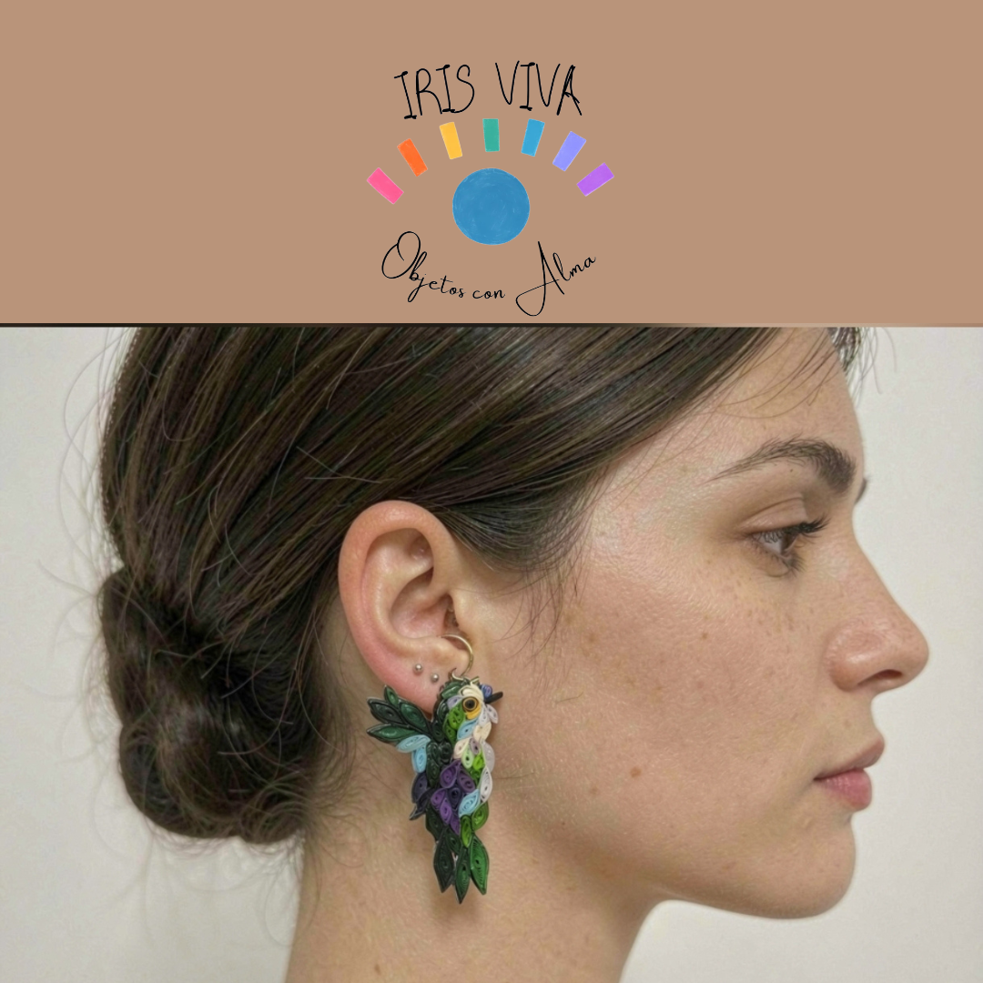 Colección Renacer - Aretes Selva de Colibrí - Iris Viva -  Filigrana 7x5cm