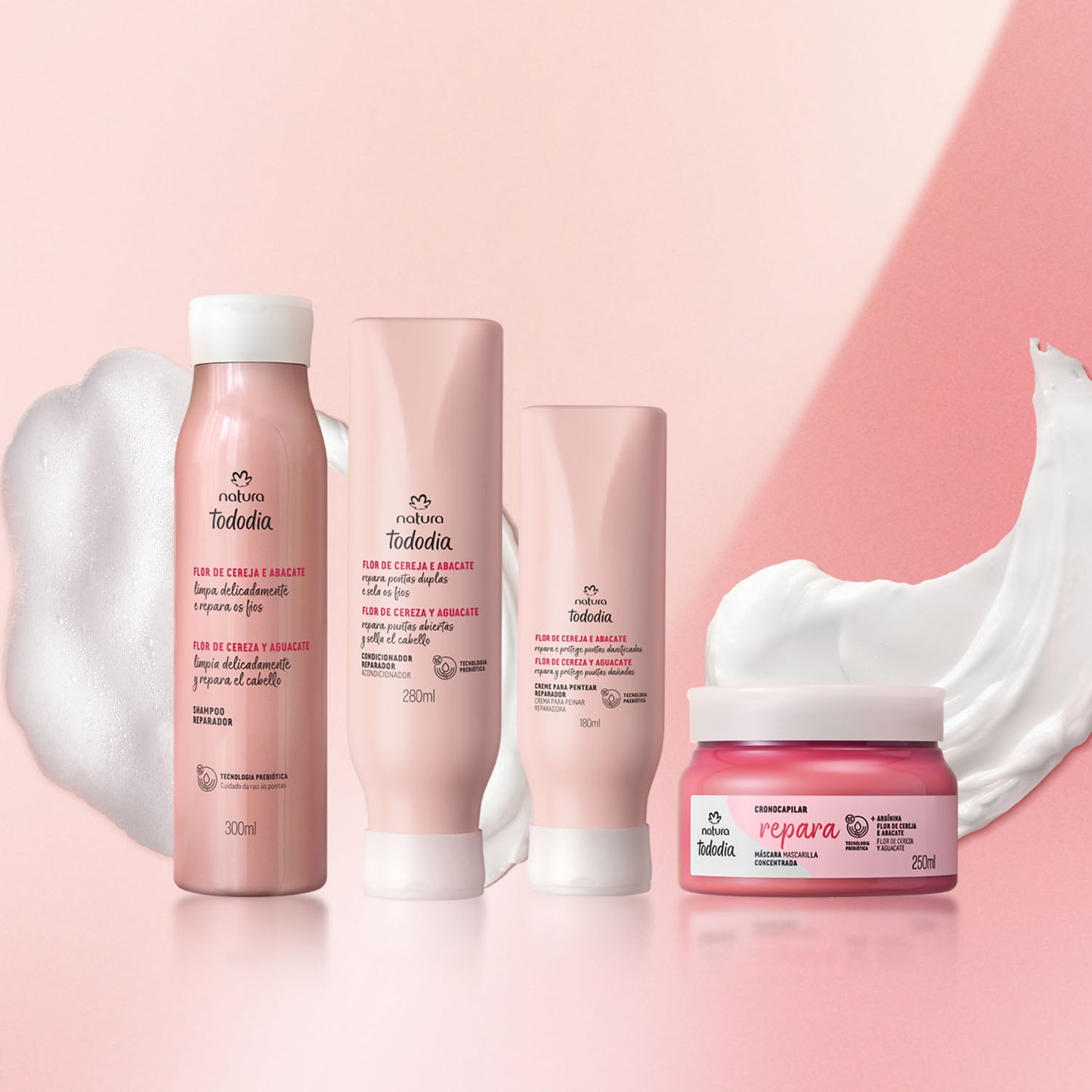 Tratamiento Cabello Reparación  Flor de Cereza y Aguacate Todo Día Shampoo 300ml +Acondicionador 280ml + Crema para Peinar 180ml + Mascarilla 250 ml
