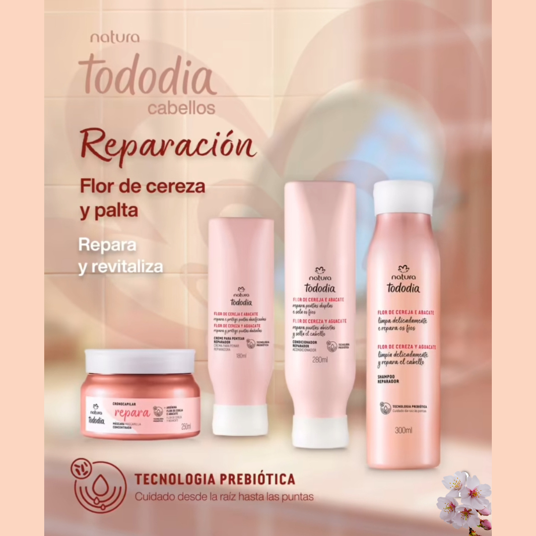 Tratamiento Cabello Reparación  Flor de Cereza y Aguacate Todo Día Shampoo 300ml +Acondicionador 280ml + Crema para Peinar 180ml + Mascarilla 250 ml