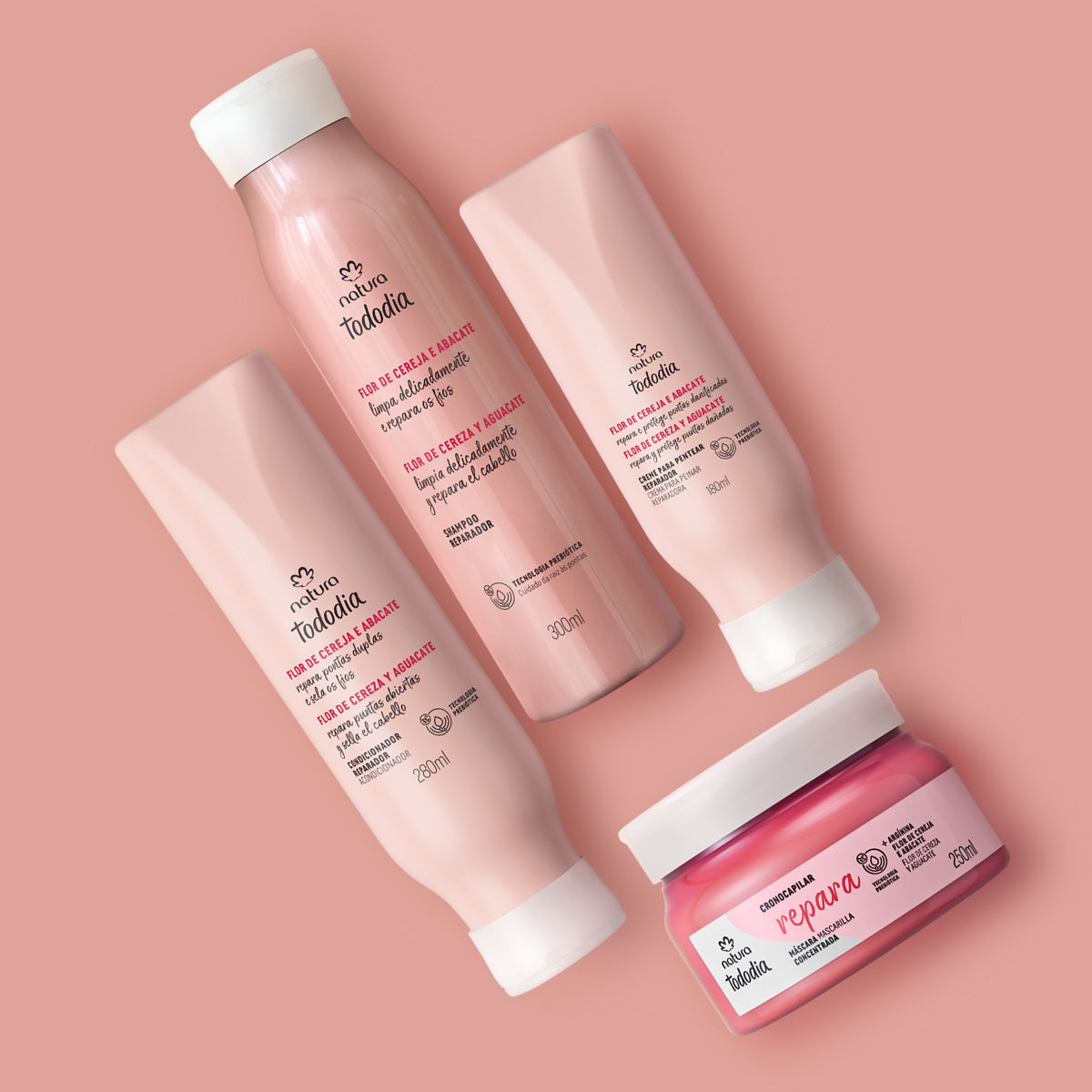 Tratamiento Cabello Reparación  Flor de Cereza y Aguacate Todo Día Shampoo 300ml +Acondicionador 280ml + Crema para Peinar 180ml + Mascarilla 250 ml